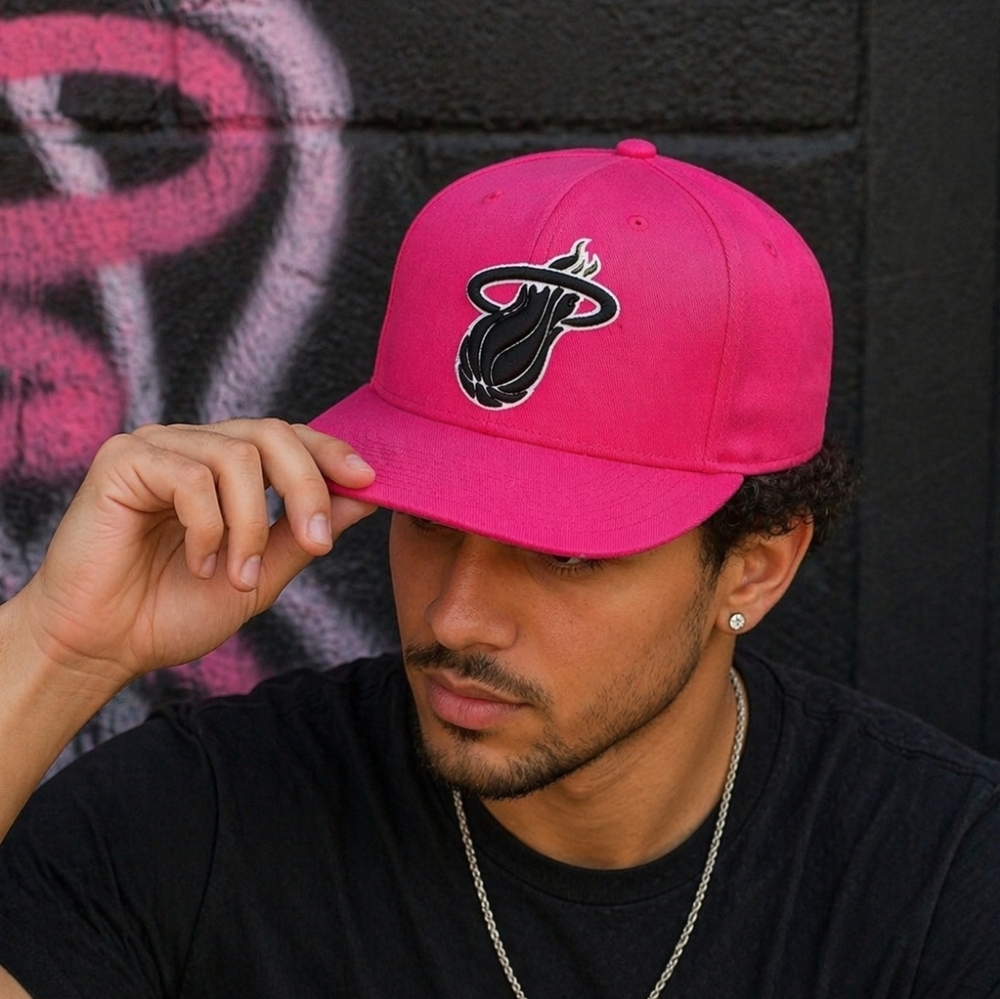 Mitchell & Ness Miami Heat Pink Snapback Hat NBA Flat Brim Cap OS Bold Logo